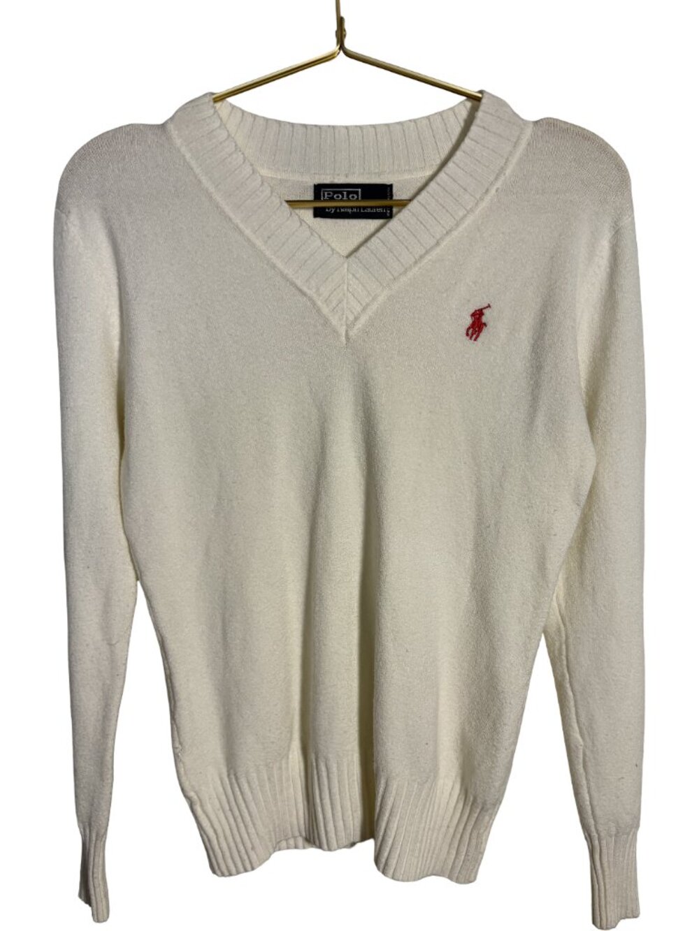 Polo Ralph Lauren V-Neck Knit Sweater Cream Ivory Red Pony Preppy Size M - Picture 2 of 6
